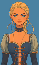 an avatar drawing of a blond haired woman wearing lingerie with laced up bra