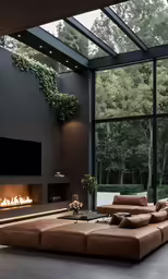 a living room with a couch and a fire place