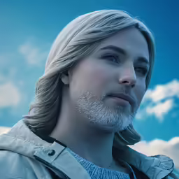 the girl has a white beard and looks away
