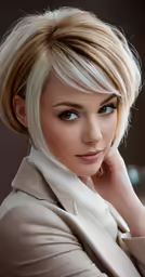 a blonde haired woman with blue eyes and a white top