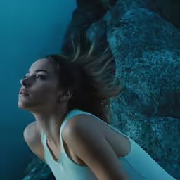 a woman is posed next to a huge rock