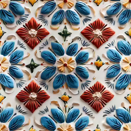 blue and orange decorated wall with flowers on it