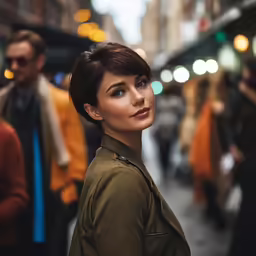young women standing in city at night with woman looking on