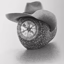 a black and white photograph of a clock with a hat on it
