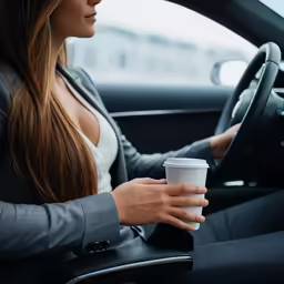 woman holding a cup of coffee while driving