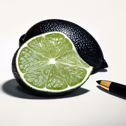 a lime and pen sitting next to each other on a white table