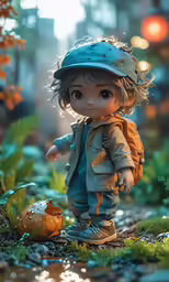 a doll wearing a blue hat and a overalls, standing next to green grass and an orange toad