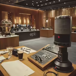 a table has a microphone on it