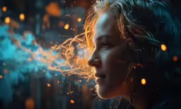 a woman with her hair blowing in the wind