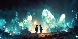 two people standing in front of a computer screen with light from bright glowing flowers