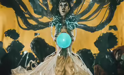 a young woman with long hair and a strange dress in front of a crowd