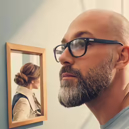 a bald man is looking at his reflection in the mirror
