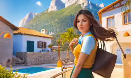 a beautiful woman holding a large bag near a swimming pool