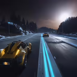 two cars driving down a road in the night