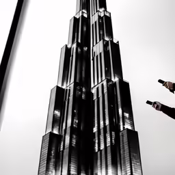 a tall black and white building has lights on it