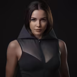 a woman wearing a hoodie, looking off to the right