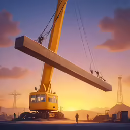 a crane standing next to a hill at sunset