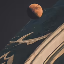 a very unique and artistic photograph of a road with a moon rising above it