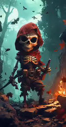 a skeleton holding a gun in the middle of the forest