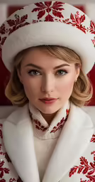 a young woman wearing a white and red holiday outfit