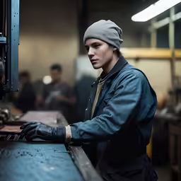 a young man working with machines in a factory