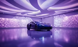 a blue sports car in a futuristic building