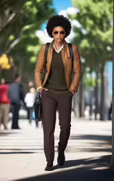 the man is wearing an afro and a brown leather jacket