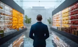 a man is looking down at the shelves