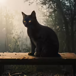 black cat with yellow eyes sitting on wooden bench