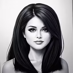 an ink drawing of a woman with black hair and blue eyes