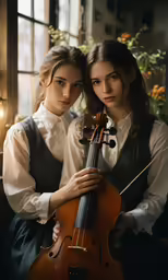 two girls pose next to a violin with their hands on the strings