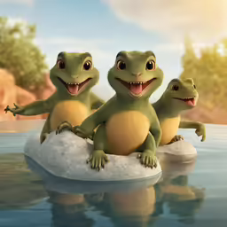 three little frogs sitting on an iceberg together