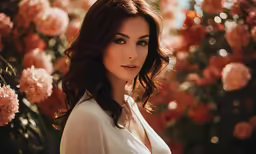 an image of a woman with flowers in the background