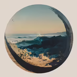 a circular photo with a view of the ocean from the beach