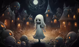 little girl standing in a dark village with halloween decorations