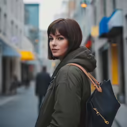a woman walking down the street with her handbag