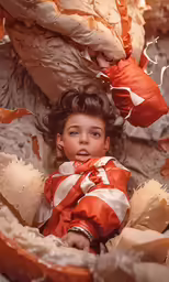 a small girl sits in some petals and wears a red and white coat