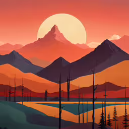 a painting of mountains with trees and the sun setting,a mountain range in the distance with some trees