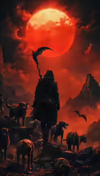a man with a grimacing staff walking among wild animals in front of an orange sun