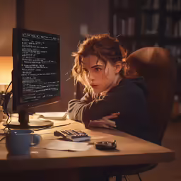 woman sitting in front of a computer screen with a code on her face