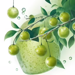 green apples are hanging from a tree branch