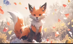 a fox standing in a field with some other flying birds