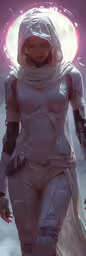 a futuristic female in white clothes and helmet walking through the water,a futuristic woman in white in front of a cloudy background