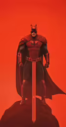 a red background with a batman character holding a sword on a hill