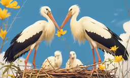 a couple of large birds standing on top of a nest