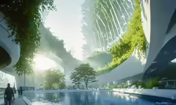 a person standing near the end of a building next to a pond