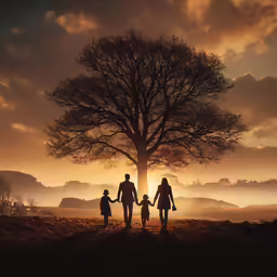 a family walking in a field with a tree and mountains in the background