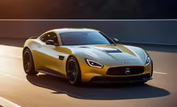 the sports car in yellow driving down the road