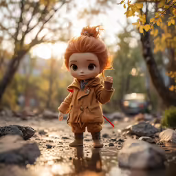 there is an orange haired doll standing in the rocks