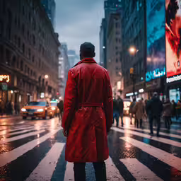 man in red coat standing on crosswalk at night,a man wearing a red coat waiting for the crosswalk